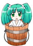  bucket green_eyes green_hair hair_bobbles hair_ornament in_bucket in_container kairakuen_umenoka kisume solo touhou twintails wooden_bucket 