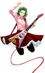  dress_shirt electric_guitar flying_v green_hair guitar highres instrument kazami_yuuka pantyhose plaid plaid_skirt red_eyes shirt simple_background skirt solo touhou tsurui white_background 