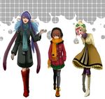  blue_hair boots brown_hair coat contemporary estellise_sidos_heurassein gloves judith kiyou_sumomo knee_boots long_hair multiple_girls pink_hair pointy_ears rita_mordio scarf tales_of_(series) tales_of_vesperia thighhighs winter winter_clothes winter_coat 