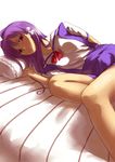  bed clannad fujibayashi_kyou hikarizaka_private_high_school_uniform long_hair lying purple_eyes purple_hair school_uniform solo usakes 