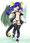  absurdres asymmetrical_wings bare_shoulders blue_hair blush breasts cleavage dizzy guilty_gear hair_ribbon henkuma highres huge_breasts legs navel panties red_eyes ribbon solo tail tail_ribbon thighhighs twintails underwear wings 
