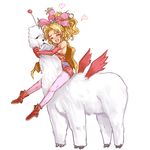  alpaca blonde_hair bow elbow_gloves final_fantasy final_fantasy_vi gloves happy hug kara_(color) moogle pantyhose pink_bow riding solo tina_branford white_legwear 