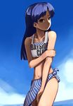  bare_shoulders bikini blue_hair brown_eyes day flat_chest hirosato idolmaster idolmaster_(classic) idolmaster_1 kisaragi_chihaya long_hair midriff ocean outdoors sarong shy sky solo striped striped_sarong swimsuit tank_top tankini 