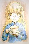  bad_id bad_pixiv_id blonde_hair cup glasses gomoki long_hair military military_uniform perrine_h_clostermann smile solo strike_witches tea teacup traditional_media uniform world_witches_series yellow_eyes 