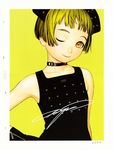  absurdres bare_shoulders blonde_hair bob_cut choker dress flat_chest form_code gloves hair_ornament hand_on_hip highres murata_renji one_eye_closed scan short_hair smile solo upper_body yellow_eyes zipper 