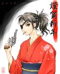 bang-you barbed_wire copyright_request eyepatch gun highres japanese_clothes kimono nail_polish pink_nails ponytail solo stray_bullets weapon 