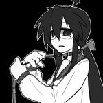  ahoge bad_id bad_pixiv_id black_hair collar glasses greyscale izumi_konata kurokona leash long_hair lowres lucky_star mole mole_under_eye monochrome school_uniform solo suzumiya_annko 