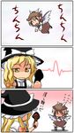  3koma :d :| [] blonde_hair blush bow brown_dress chibi chin-chin closed_mouth comic dress embarrassed expressionless flying flying_sweatdrops hair_bow hat hat_bow kirisame_marisa multiple_girls mushroom mystia_lorelei open_mouth pink_hair sexually_suggestive smile touhou translated white_bow wings witch_hat 