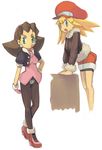  artist_request blonde_hair brown_hair crotch_plate earrings gloves green_eyes hair_pulled_back hairband hat jewelry multiple_girls pantyhose pink_hairband red_shorts rockman rockman_dash roll_caskett short_hair shorts spandex tron_bonne 