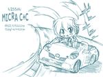  aqua car chibi driving ground_vehicle hatsune_miku long_hair marusuke monochrome motor_vehicle nissan nissan_micra sketch solo traditional_media twintails vocaloid 