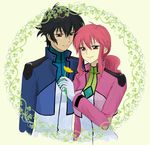  1girl celestial_being_uniform couple feldt_grace flower gundam gundam_00 hetero jacket pink_hair ponytail red_eyes setsuna_f_seiei smile uniform uuron_tea 