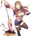  1girl albel_nox black_legwear blood brown_hair ginka_sima green_eyes long_hair paw_print pencil_skirt print_legwear skirt sophia_esteed staff star_ocean star_ocean_till_the_end_of_time thighhighs 