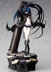  arm_cannon arms_up belt bikini_top black_hair black_rock_shooter black_rock_shooter_(character) blue_eyes boots burning_eye chain checkered coat crossed_legs figure flat_chest huge_weapon long_hair navel photo scar shorts solo standing twintails uneven_twintails watson_cross weapon wind 