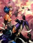  armor armored_dress bird breasts cleavage dcwj feathers gwendolyn highres medium_breasts odin_sphere pink_background realistic short_hair swan thighhighs 
