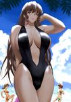  arisaka_hatsune arisaka_kazuki beach bikini blue_eyes blush breasts brown_eyes brown_hair cleavage curvy day fuzuki_hajime hairband huge_breasts long_hair multiple_girls one_eye_closed outdoors short_hair suzuhara_chihaya swimsuit tona-gura! wide_hips 