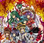  animal_ears aqua_hair bad_id bad_pixiv_id blonde_hair blue_eyes bow brown_hair camera detached_sleeves dress fangs frog front_ponytail green_eyes green_hair hair_bow hair_ornament hair_ribbon hair_tubes hakurei_reimu hat hikariz inubashiri_momiji kagiyama_hina kawashiro_nitori kochiya_sanae long_hair looking_at_viewer moriya_suwako mountain_of_faith multiple_girls ofuda purple_hair red_dress red_eyes ribbon shameimaru_aya short_hair silver_hair tokin_hat touhou wolf_ears yasaka_kanako 