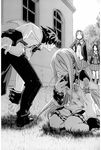  3girls faceless faceless_female faceless_male felli_loss greyscale highres koukaku_no_regios layfon_alseif leerin_marfes meishen_trinden miyuu monochrome multiple_girls 