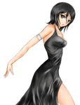  alternate_breast_size armband bare_shoulders black_dress black_eyes black_hair bleach breasts collarbone cowboy_shot demonk dress eyelashes flipped_hair gown hair_between_eyes kuchiki_rukia looking_at_viewer medium_breasts parted_lips short_hair side_slit simple_background skin_tight sleeveless sleeveless_dress solo white_background 