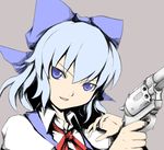  bad_id bad_pixiv_id blue_eyes blue_hair cirno gun hair_ribbon handgun revolver ribbon shishigami_(sunagimo) solo touhou weapon 