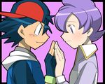  1girl amada bad_id bad_pixiv_id baseball_cap blue_eyes blue_hair blush couple fingerless_gloves gloves hat hetero hood hoodie lila_(pokemon) pokemon pokemon_(anime) pokemon_ag purple_eyes purple_hair satoshi_(pokemon) short_hair simple_background symmetrical_hand_pose 