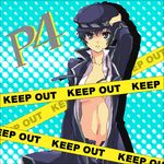  bad_id bad_pixiv_id blue_eyes blue_hair caution_tape hat keep_out mossu no_bra open_clothes open_shirt persona persona_4 ribbon shirogane_naoto shirt short_hair solo tomboy 