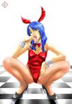  animal_ears bad_id bad_pixiv_id blue_hair board_game bunny_ears bunnysuit chess copyright_request fishnet_pantyhose fishnets green_eyes long_hair pantyhose raybar solo squatting 