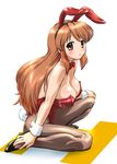  animal_ears asahina_mikuru blush bow bowtie breasts brown_eyes brown_hair bunny_ears bunnysuit cleavage kneeling large_breasts long_hair pantyhose solo suzumiya_haruhi_no_yuuutsu ueyama_michirou 