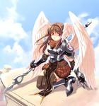  angel_wings armor boots brown_hair cloud copyright_request day gloves head_wings hirano_katsuyuki polearm red_eyes sky solo spear thighhighs weapon wings 