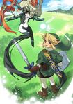  1girl darkness dissolving fairy field grass hat helmet holding holding_sword holding_weapon imp left-handed link master_sword midna pointy_ears shield sword the_legend_of_zelda the_legend_of_zelda:_twilight_princess weapon yajiro_masaru 