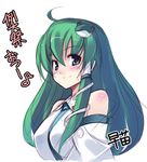  blue_eyes green_hair hair_ornament kochiya_sanae long_hair seo_tatsuya smile solo touhou translation_request 