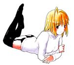  arcueid_brunestud blonde_hair feet garter_belt jas lowres lying on_stomach red_eyes solo sweater thighhighs tsukihime 