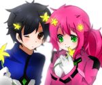  1girl black_hair blush celestial_being_uniform chako_(yuzuko819) couple feldt_grace flower green_eyes gundam gundam_00 hetero jacket pink_hair ponytail red_eyes setsuna_f_seiei smile uniform 