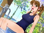  :d blush brown_hair dutch_angle game_cg green_eyes happy indoors kiriyama_taichi long_hair maid maid_headdress maid_in_heaven nagisa_(maid_in_heaven) non-web_source one-piece_swimsuit open_mouth ponytail pool pool_ladder poolside school_swimsuit sitting smile soaking_feet solo swimsuit water window 