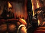  300 angry aspis bccp beard facial_hair helmet highres hoplite leonidas male_focus manly multiple_boys muscle polearm realistic shirtless spear teeth weapon 