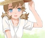  blue_eyes brown_hair collarbone hat mattaku_mousuke original shirt solo t-shirt 