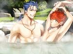  bad_id bad_pixiv_id blue_hair emiya_shirou fate/stay_night fate_(series) jewelry lancer mitsuki_mitsuno multiple_boys necklace one_eye_closed onsen orange_hair ponytail stretch 