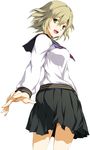  1girl black_skirt blonde_hair blue_eyes female game_cg long_sleeves looking_at_viewer manase_akira open_mouth school_uniform serafuku short_hair skirt smile solo soushuu_senshinkan_gakuen_hachimyoujin sousyu_sensinkan-gakuen_hachimyoujin white_background 