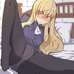  annosada bad_id bad_pixiv_id bed blonde_hair blush cameltoe glasses long_hair military military_uniform open_mouth panties panties_under_pantyhose pantyhose perrine_h_clostermann solo spread_legs strike_witches sweatdrop underwear uniform world_witches_series yellow_eyes 