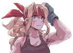  alex_(street_fighter) blonde_hair blue_eyes capcom_fighting_jam facepaint fingerless_gloves genderswap genderswap_(mtf) gloves hair_ribbon headband matsuda_(matsukichi) midnight_bliss ponytail ribbon solo street_fighter tank_top 