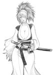  baiken breasts cleavage drawfag facepaint greyscale guilty_gear_x highres large_breasts lips monochrome non-web_source ponytail scar solo sword weapon 