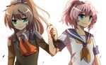  ahoge aoba_(kantai_collection) aqua_eyes bad_id bad_pixiv_id blue_eyes brown_hair holding_hands kantai_collection kumano_(kantai_collection) multiple_girls pink_hair ponytail sakura_(lilak_a) smile 