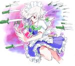  apron between_fingers braid izayoi_sakuya knife maid maid_headdress matsuda_(matsukichi) oekaki red_eyes silver_hair solo throwing_knife too_many too_many_knives touhou twin_braids waist_apron weapon 