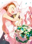  1girl arm_around_neck bare_shoulders black_hair blurry blush bouquet brown_eyes brown_hair carrying confetti depth_of_field dress earrings flower gloves hair_up idolmaster idolmaster_(classic) jewelry middle_finger minase_iori necklace open_mouth pettan_p pink_dress pink_gloves pink_wedding_dress producer_(idolmaster) strapless strapless_dress tears veil wedding_dress 