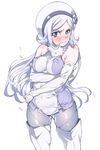  absurdres aila_jyrkiainen bangs bare_shoulders blue_eyes boots breasts covered_nipples cowboy_shot elbow_gloves floating_hair gloves gundam gundam_build_fighters hat highres long_hair medium_breasts niko_(tama) silver_hair simple_background solo swept_bangs thigh_boots thighhighs very_long_hair wavy_mouth white white_background white_legwear 
