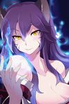  ahri animal_ears armcho bare_shoulders blue_hair breasts cleavage detached_sleeves energy_ball facial_mark fingernails fox_ears hair_between_eyes large_breasts league_of_legends long_fingernails long_hair nail_polish slit_pupils smirk solo upper_body yellow_eyes 