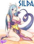  1girl agawa_ryou blue_hair breasts dragon_tail female horns huge_breasts long_hair monster_girl pointy_ears purple_eyes sitting smile tail thighs 