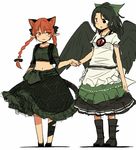  :3 adapted_costume animal_ears bird_wings black_bra black_eyes black_wings boots bow bra bra_strap braid cat_ears cat_tail extra_ears hair_bow holding_hands kaenbyou_rin leg_ribbon looking_at_another midriff multiple_girls navel open_clothes open_mouth open_vest pointy_ears red_eyes red_hair reiuji_utsuho ribbon shirt short_sleeves simple_background skirt skirt_set smile tail third_eye touhou twin_braids underwear vest white_background wings yudepii 