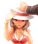  bikini bikini_top blurry bokeh brown_hair depth_of_field face hand_on_headwear hand_on_own_chest hand_on_own_head hand_up hat idolmaster idolmaster_cinderella_girls jewelry komoe_(hinagatu) looking_at_viewer nagatomi_hasumi necklace open_mouth out_of_frame petting pink_bikini pov pov_hands red_eyes solo_focus sun_hat swimsuit upper_body white_background 