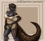 bellied bra breasts cleavage clothed clothing female invalid_color invalid_tag nails pangolin popcornpanic scales shirt shorts tank tank_top top underwear workout 