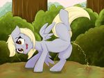  derpy_hooves_(mlp) equine female feral friendship_is_magic fur grass grey_fur hair horse mammal my_little_pony one_leg_up open_mouth outside peeing pegasus pony pussy solo spread_legs spreading tree urine wings zokkili 